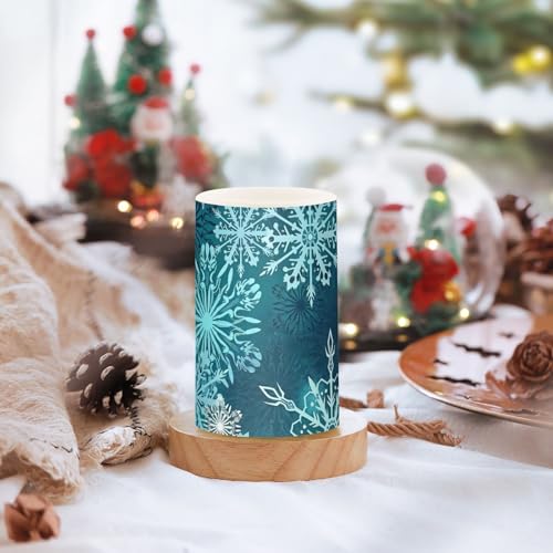 Image of Christmas Flameless Candles Teal Blue White Snowflake Pillar Candles Set of 2 Battery Operated Remote Control Warm Lights Home Decor