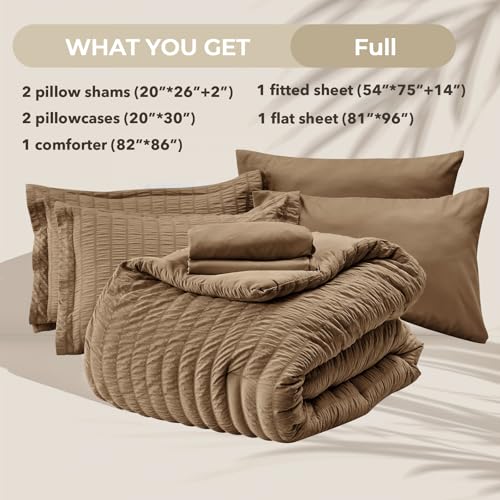 Image of HYMOKEGE Brown Full Size Comforter Sets Seersucker 7 Pieces, All Season Luxury Bed in a Bag for Bedroom, Bedding Set with Comforter, Sheets, Pillowcases & Shams