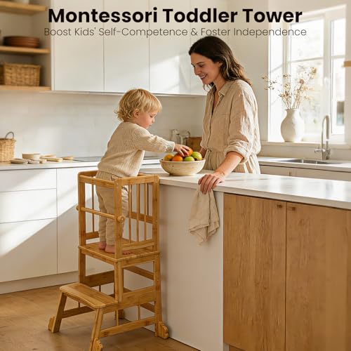 Image of HBTower Kids Kitchen Step Stool with Safety Rails & Anti-Slip Feet,Toddler Standing Tower for Kitchen Counter Learning - Hold Up to 450lbs,Anti-Slip Feet Toddlers Learning Tower,Natural Bamboo