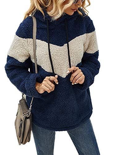 Joeoy Women's Color Block Fuzzy Fleece Sherpa Faux Shearling Hoodie Hooded Sweatshirt Pullover Coat Outwear (Navy)-L