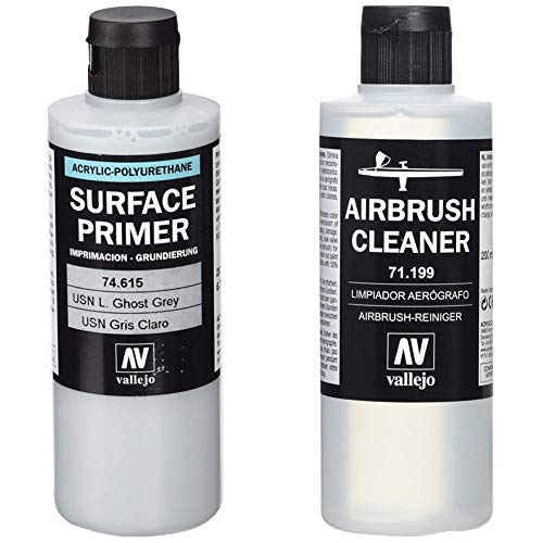 Vallejo Model Color 200 ml Polyurethane Primer - USN Light Ghost Grey & Model Air 200 ml Airbrush Cleaner