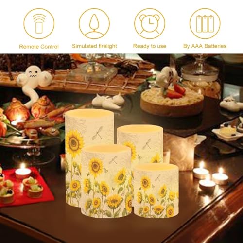 Image of Flameless LED Candles Electric Candle Set with Remote Timer Color Changing Control Long Lasting for Table Centerpiece Home Indoor Decoration Pack of 4, Sunflower Dragonfly Retro