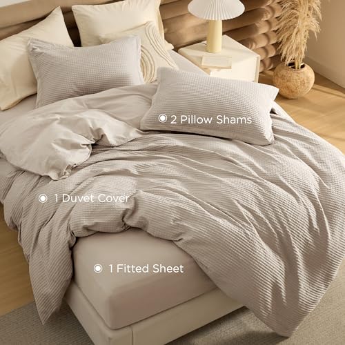 Image of Bedsure 100% Cotton Waffle Duvet Cover Set with Fitted Sheet, Queen, Linen | Waffle Texture, Breathable, Skin-Friendly, OEKO-TEX Certified, Good Housekeeping Seal, All-Season, Machine Washable