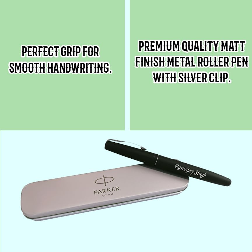 Image of SAVRI Parker Personalized Roller Pen with Name Engraved, Customised Premium Metal Pen, Matte Black with Gold Clip, Corporate Employee Gift for Birthday, Farewell, Diwali & New Year