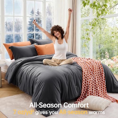 Image of MUXHOMO Oversized King Comforter Set, Lightweight Down Alternative Bed Set | All Season 3 Piece Bedding Set,Ultra Soft Down Alternative,Includes 1 Comforter 120x98 and 2 Pillow Shams 20x36,Dark Grey