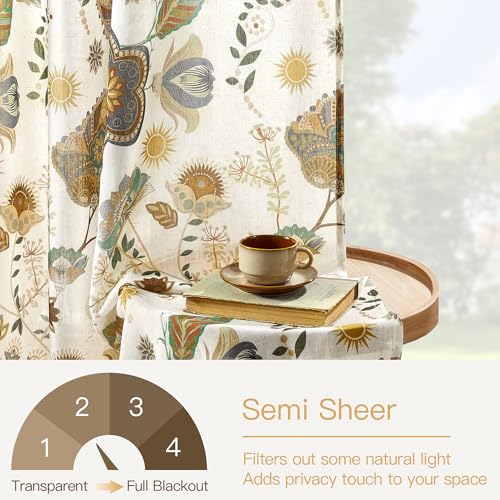 Image of XiDi Linen Vintage Floral Curtains 63 inch Length 2 Panels Set for Living Room Back Tab Rod Pocket Neutral Farmhouse Cottage Light Filtering Bedroom Curtains Pretty Flower Patterned Linen Drapes 52x63