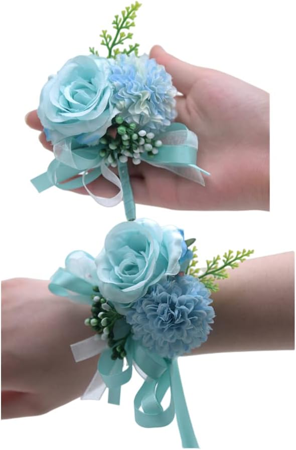 2 Pack Flower Wrist Corsage Boutonniere Set,3" Artificial Rose and Carnation Wrist Corsage and Men Boutonniere Set,DIY Silk Flower for Wedding Flowers Accessories Prom Suit Decor (Blue)