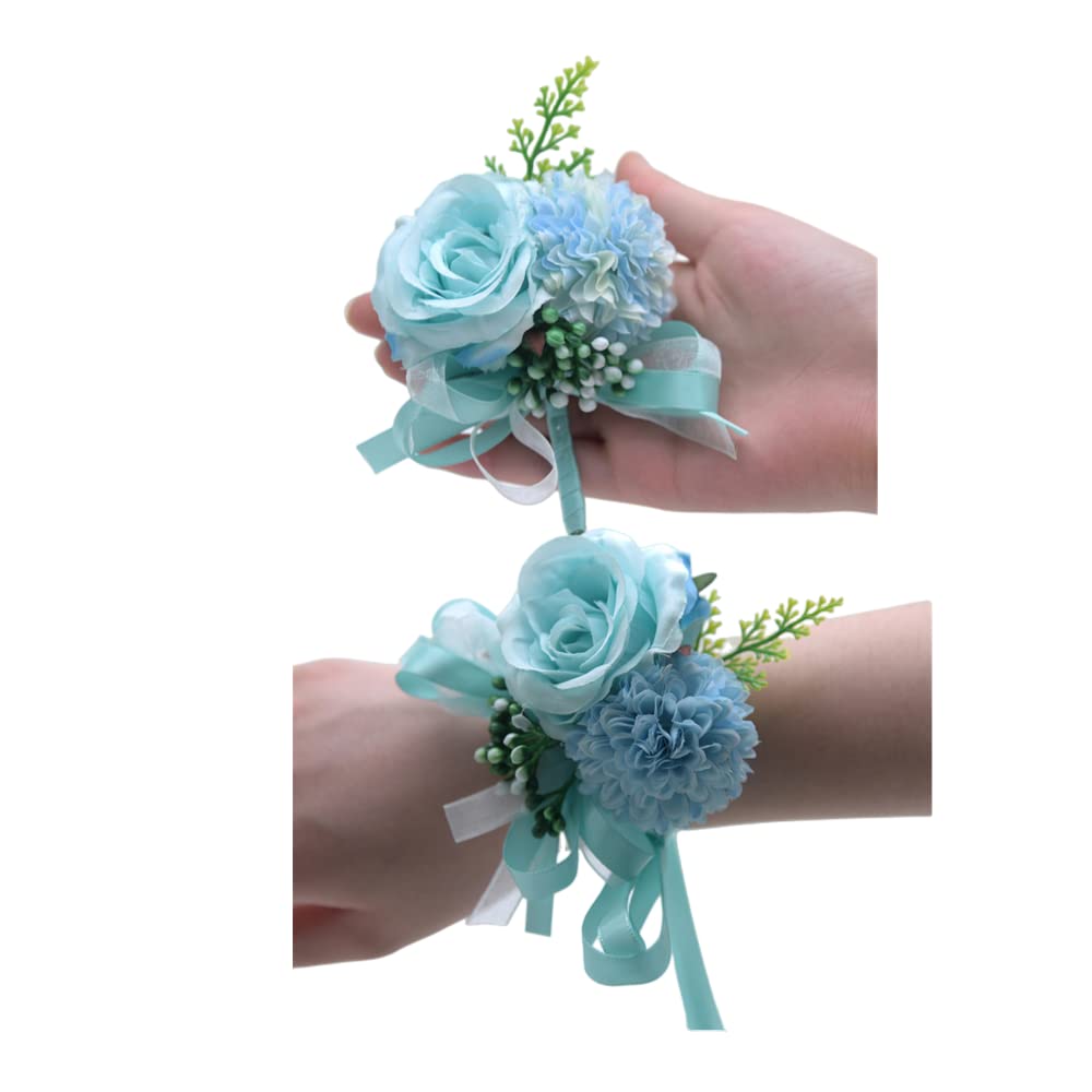 2 Pack Flower Wrist Corsage Boutonniere Set,3" Artificial Rose and Carnation Wrist Corsage and Men Boutonniere Set,DIY Silk Flower for Wedding Flowers Accessories Prom Suit Decor (Blue)