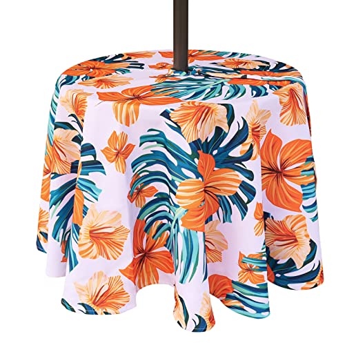 Eternal Beauty 152cm Round Orange Flower Indoor Outdoor Splashproof Tablecloth with Umbrella Hole and Zipper for Patio Garden Party and BBQ (60")