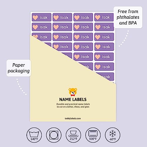Teddylabels - 120 Personalized Name Labels (1.2” x 0.5”) to Use on Clothes and Gear. Waterproof and Self-Adhesive Labels for Everyone – Toddlers, School Kids, and Parents - Shapes - Purple - 9