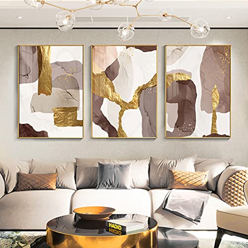 JYDQM Lot de 3 peintures abstraites en marbre marron doré sur toile moderne pour salon, bureau, décoration d'intérieur 50 x 70 cm sans cadre, 50x70cm(20x28in)x3 Cover