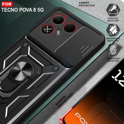 Image of AESTMO Tough Armor Tecno Pova 8 5G Bumper Back Case Cover | Ring Holder & Sliding Camera Shield Cover | 360 Degree Protection Back Case Cover for Tecno Pova 8 5G (Black)