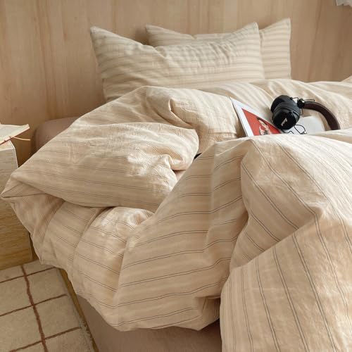 Image of mixinni Retro Striped Duvet Cover Set Twin XL Size - 100% Washed Cotton Beige Duvet Cover with Black White Stripes, Soft Breathable 3 Piece Comforter Cover with Zipper Closure & Corner Ties