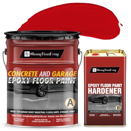 4 Gallon Epoxy Floor Paint kit (Red,High-gloss,800 sq.ft) -100% solids- 6H hardness-20-year durability- Compatible with decorative color flakes,Concrete coating for Garages,Basements, Wall