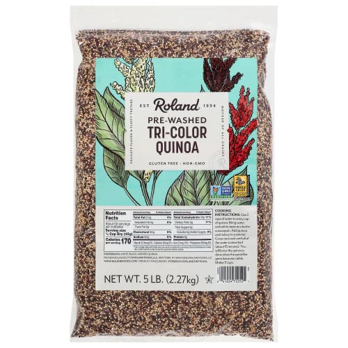 Roland Foods Organic Tri-Color Quinoa, Pre-Washed, Guten Free Whole Grain, 5 Lb Bag