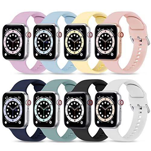 [8 Pack] MNBVCXZ Bands Compatible with Apple Watch iWatch Bands 45mm 44mm 42mm 41mm 40mm 38mm for Women Men, Soft Silicone Replacement Sport Strap for Apple Watch Series SE 7 6 5 4 3 2 1