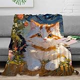 EMYXPAQM Couverture Polaire Sibérien Chat Fleurs Étoiles Motif - Couverture De Canapé Flanelle Ultra Douce & Moelleuse, Idée Originale pour Bébé - Cadeau Anniversaire 60x80inch(150x200cm)