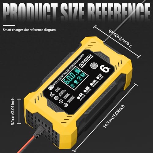 Image of Corebox Battery Charger 6-Amp 12V Automatic Smart Battery Trickle Charger, Battery Maintainer Desulfator with Temperature Compensation for Car Truck Motorcycle Lawn Mower Marine