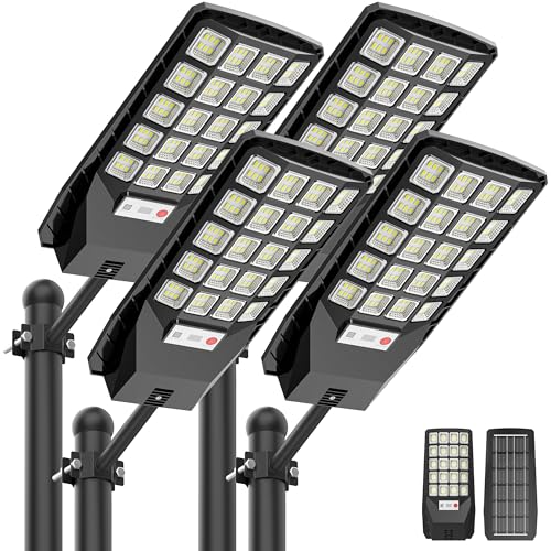 OKPRO Solar Lights Outdoor Waterproof - 320° Solar Street Lights Outdoor IP66 Waterproof, 6500K Dusk to Dawn, Motion Sensor with Remote Control for Yard 4-Pack