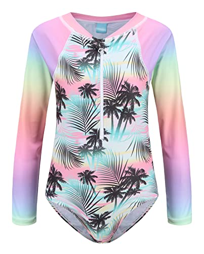 Image of Girls One Piece Swimsuits Long Sleeve Rash Guard for Kids Girls Hawaiian Swim Shirts UPF 50+ Sun Protection