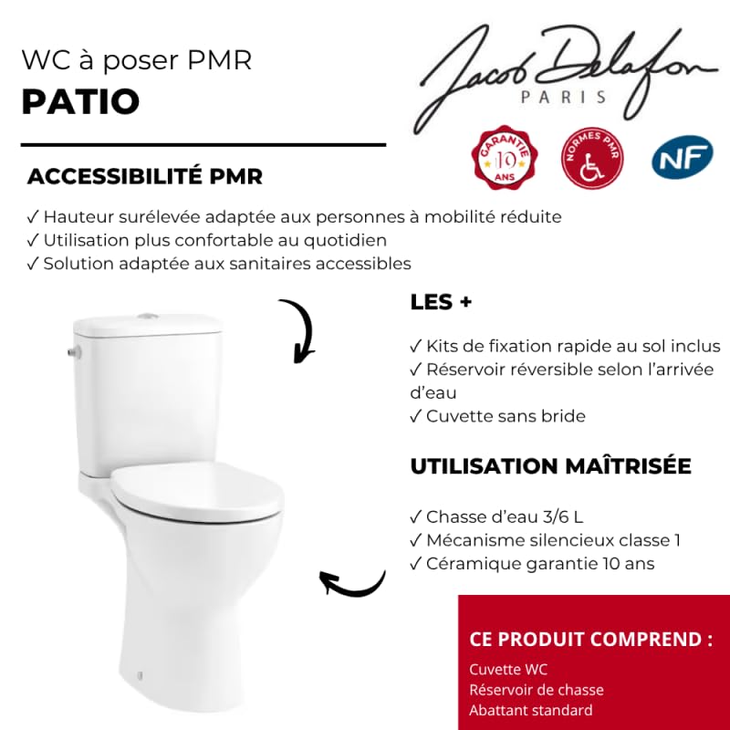 WC à poser sans bride surélevé PMR sortie horizontale JACOB DELAFON Patio avec abattant