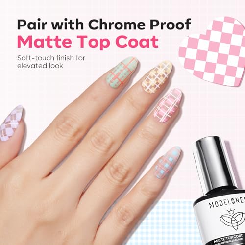 Image of Modelones 16PCS Plaid Nail Stamping Kit - French Tip Stamper White Black Painting Gel Polish Chrome Powder Proof Matte Gel Top Coat Gingham Template Dual Nail Art Brush Summer Manicure Gift for Women