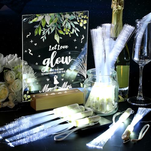 Image of VIHOSE 52 Pcs Wedding Party Favors White Fiber Optic Wands with Acrylic Wedding Table Sign Wooden Illuminated Base LED Fiber Glow Stick Light up Wands for Reception Bridal Shower Party Favors Decor