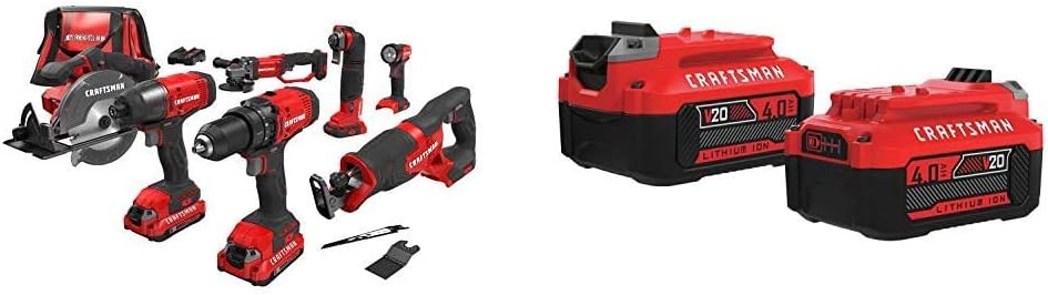 CRAFTSMAN V20 Cordless Drill Combo Kit, 7 Tool (CMCK700D2) & V20 Lithium Ion Battery, 4.0-Amp Hour, 2 Pack (CMCB204-2)