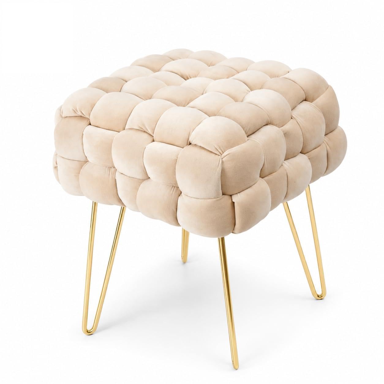 Zedelmaier Moderner Velvet Kosmetik Hocker, Quadratisch Ottoman-Fußhockermit goldfarbenen Metallbeinen, Gepolsterte Sitzhocker,Strick Samt Hocker