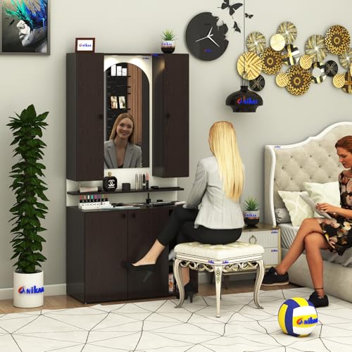 Image of Anikaa Opulex Engineered Wood Dressing Table with Mirror Cabinet, LED Lights, Storage Shelves & Back Panel - Wall Mounted Makeup Vanity & Organizer for Bedroom -(Wenge /White) DIY Installation
