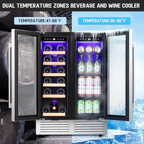 Image of Antarctic Star 24 Inch Dual Zone Wine and Beverage Refrigerator, Built-in or Freestanding Mini Fridge with Clear Glass Door & LED Light, for Beer, Soda, and Wine