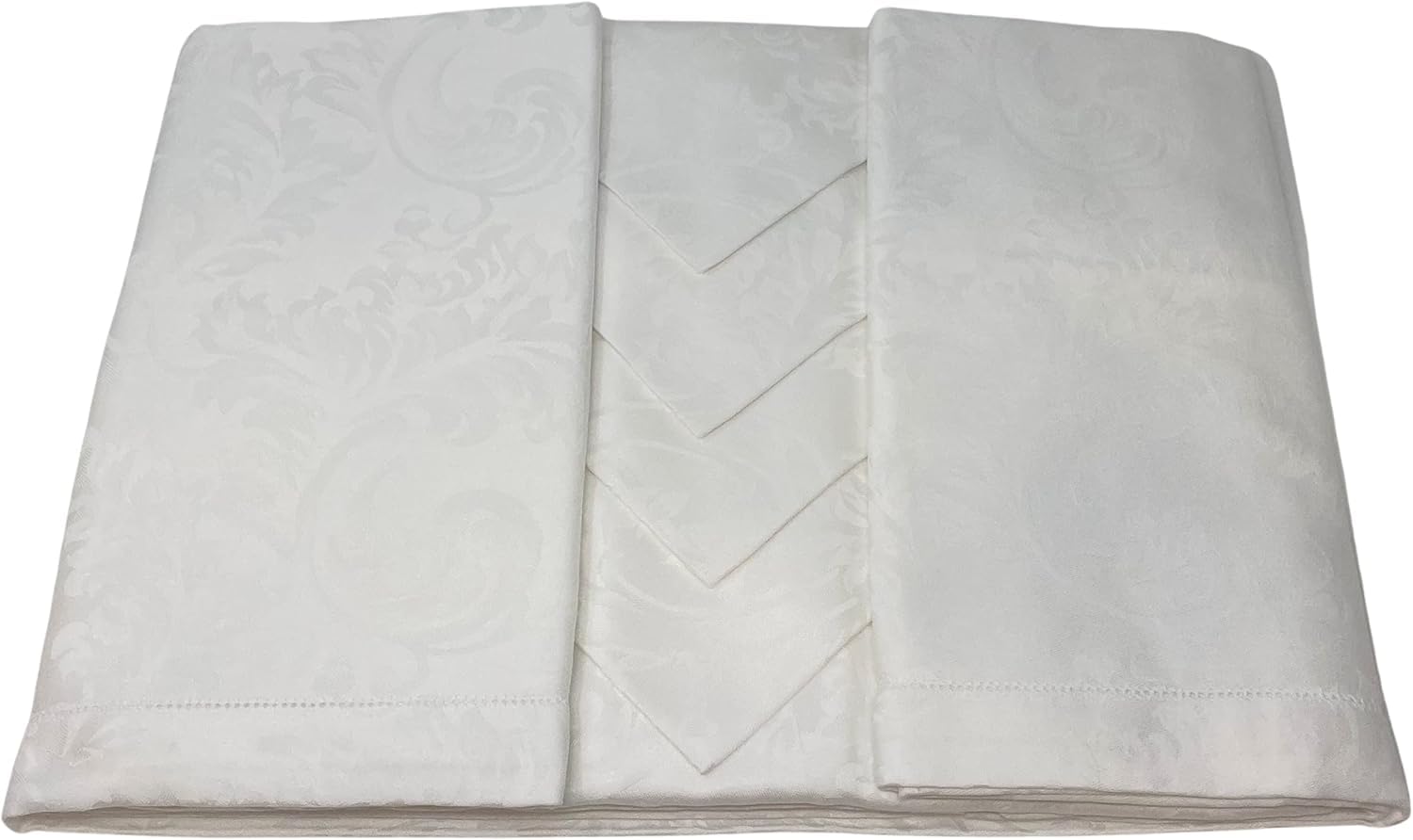 Tovaglia da Tavola con Tovaglioli in Fiandra Damascata Jacquard con Orlo a Giorno 100% Cotone Mercerizzato Art. Beatrice (Bianco, Quadrata x 8 persone cm. 180x180)