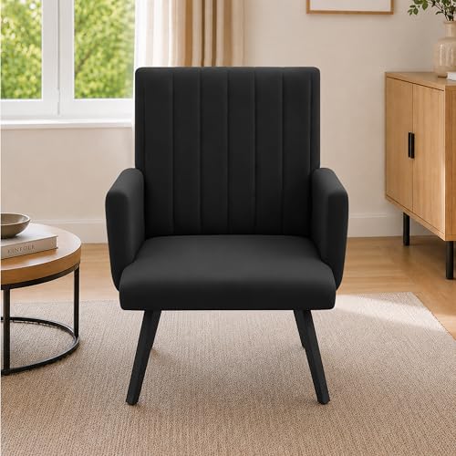 Image of Rosebell Modern Accent Chair for Living Room | Single Seater Chair with Armrests & Metal Legs | Comfortable Lounge Chair for Bedroom, Reading & Office | Black
