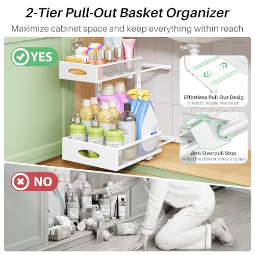Image of Under Sink Organizer, 2-Pack Pull Out Cabinet Organizer 2 Tier Metal Slide Out Storage Shelf Rack, L-Shaped Adjustable Height,Mesh Sliding Drawer for Kitchen, Bathroom, Laundry, Pantry, White, XL