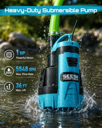 Image of SEESII 1HP Automatic Submersible Water Pump - 5548 GPH High Flow | Auto /Manual Modes, Sump Pump with Dry Run Protection for Fast Water Removal from Pools, Hot Tubs, Basements, Ponds and Yards