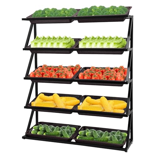 LyeXD 5 Tiers Fruit Vegetable Basket Stand, Fruit Basket for Kitchen Retail Display Rack Metal Vegetable Storage Rack w/10*Plastic Baskets, Produce Basket Storage Bins for Kitchen, Garage (Coffee)