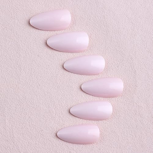 Image of White Press on Nails Medium Almond False Nail with Flower Fake Nails Nude Stick on Nail Glossy Full Cover for Women Manicure 24Pcs