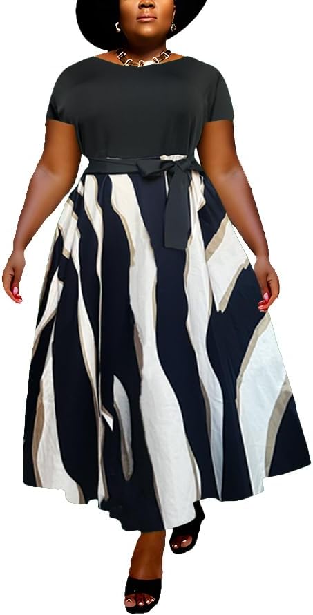 Women Plus Size Formal A Line Maxi Dress Self Tie Waist with Pockets Elegant Round Neck Swing Long Dresses