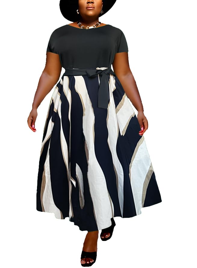 Image of Hostoyo Women Plus Size Formal A Line Maxi Dress Self Tie Waist with Pockets Elegant Round Neck Swing Long Dresses