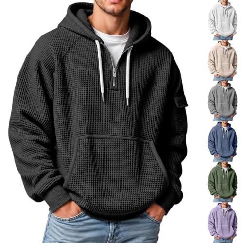 ENCURKUS Mens Quarter Zip Pullover Cozy Waffle Knit Long Sleeve Sweatshirts | Big and Tall Hoodies for Men,Oversized Long Sleeve Drawstring Pullover Tops,Fall Winter Loose Fit Travel Going Out Streetwear - image 1
