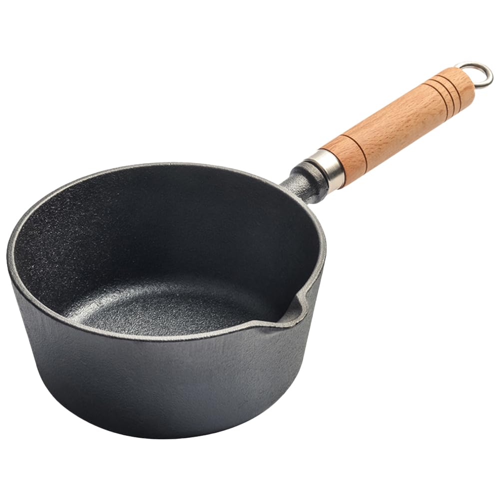 Mini cacerola de hierro fundido con de madera, olla antiadherente para derretir mantequilla con boquilla vertedora, mini cacerola pequeña para cocina, cocina de inducción, estufa d