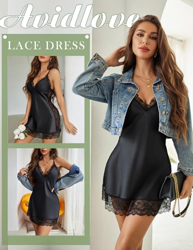 Image of Avidlove Women Lingerie Satin Lace Chemise Nightgown V Neck Mini Babydoll Sexy Full Slips Sleepwear S-4XL