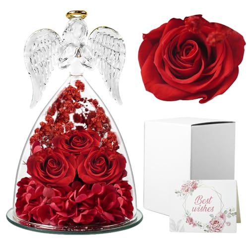 Cynrikah Rosa Stabilizzata, Vera Regalo Donna Rose Stabilizzate con Angelo di Vetro Statuette Regalo Natale San Valentine Angelo Custode Anniversario Regali Compleanno Donna Moglie Madre (Rosso)