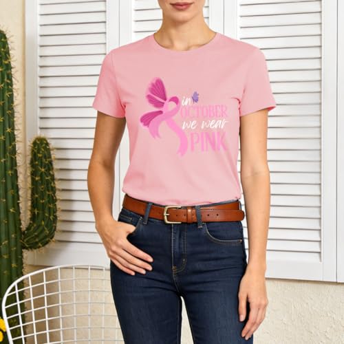 Image of Breast Cancer Awareness Ribbon Shirt Women-in October We Wear Pink Tees | Meaningful October Breast Awareness Cancer Shirt Pink Butterfly Short Sleeves Perfect for Survivors and Family Supporters