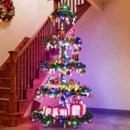 5.5FT Holiday Village Christmas Tree with 5 Display Tiers Wooden DIY Christmas Village Display Stand Freestanding Xmas Tree for Home Party and Holiday Dcor (Multicolored)