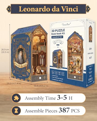 Image of Tonecheer DIY Book Nook Kit for Adults, 3D Puzzle Wooden Miniature House Kit, Booknook Dollhouse Bookshelf Insert Decor Bookend with Dust Cover and LED Lights Gifts (Leonardo da Vinci)