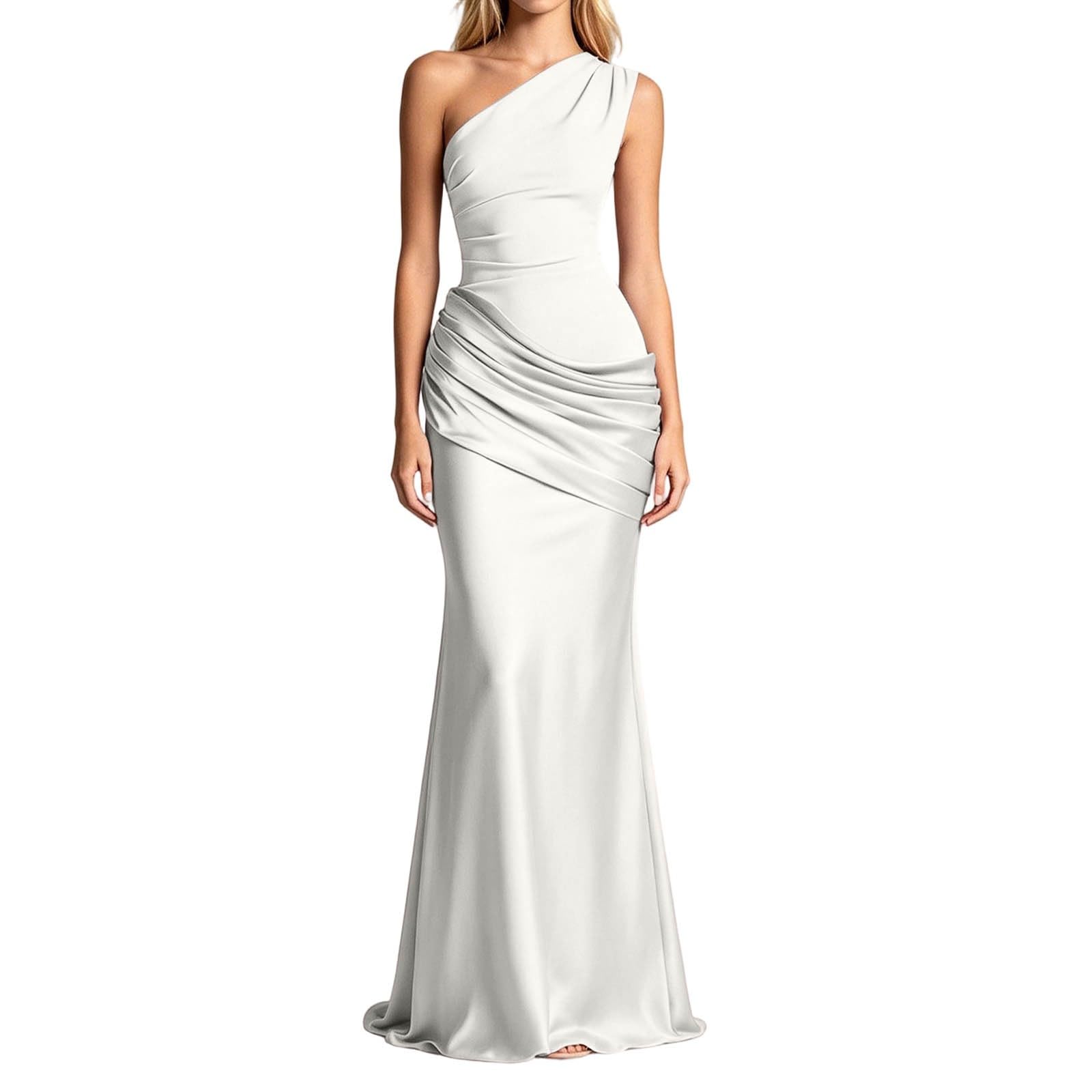 Generisch Robe midi asymétrique froncée en satin avec épaules asymétriques moulante élégante pour femme