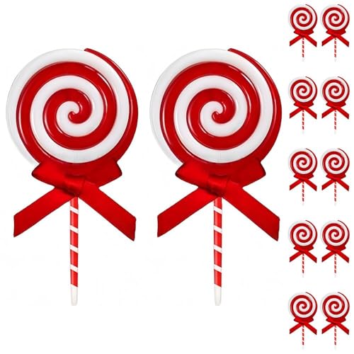 12Pcs Christmas Candy Cane Plastic Candy Decorations Peppermint Hanging Ornaments For Xmas Tree Candy Lollipop Craft Decor For Xmas Home Party Supplies (Red)