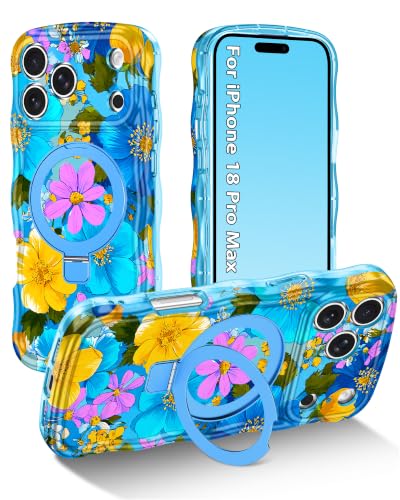 Meshine for iPhone 18 Pro Max Case,iPhone 17 Pro Max Case with Magnetic Stand,[Compatible with MagSafe] Wave Frame Cute Flower Shockproof Protective Women Cover for iPhone 18/17 Pro Max,Color Flower