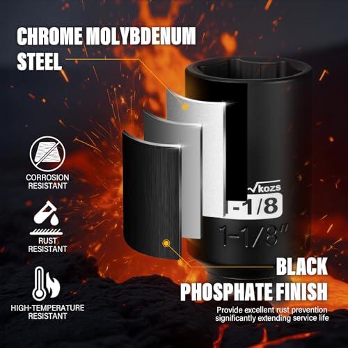 Image of 1 /2 Inch Drive 1-1 /8 Inch Deep SAE Impact Socket,CR-MO,6 Point Radius Corner Design,Square Chamfered Opening,Axle Nut Impact Grade Socket for Easy Removal